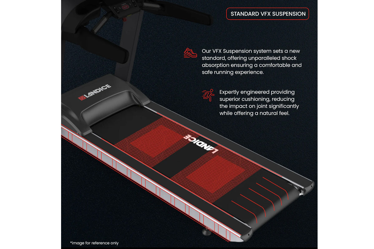 Black and red Landice L8 treadmill with Standard VFX Suspension system, featuring padded black seat and red mesh running surf