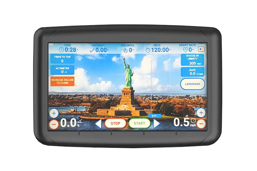 Landice L8 treadmill with black frame displaying fitness metrics, Statue of Liberty landmark on screen, and start/stop contro