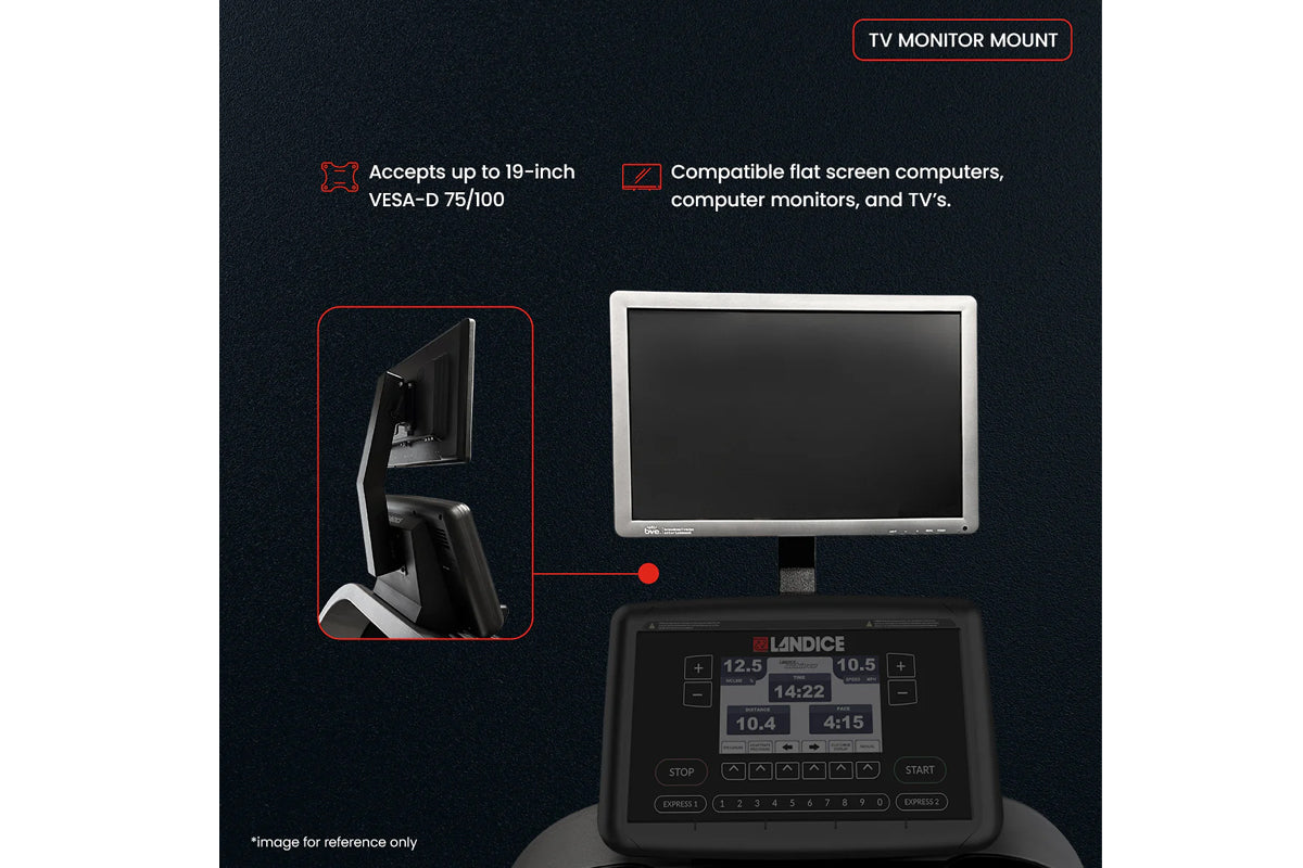 TV monitor mount shown mounted on white flat screen monitor above black Landice treadmill control panel, demonstrating compat
