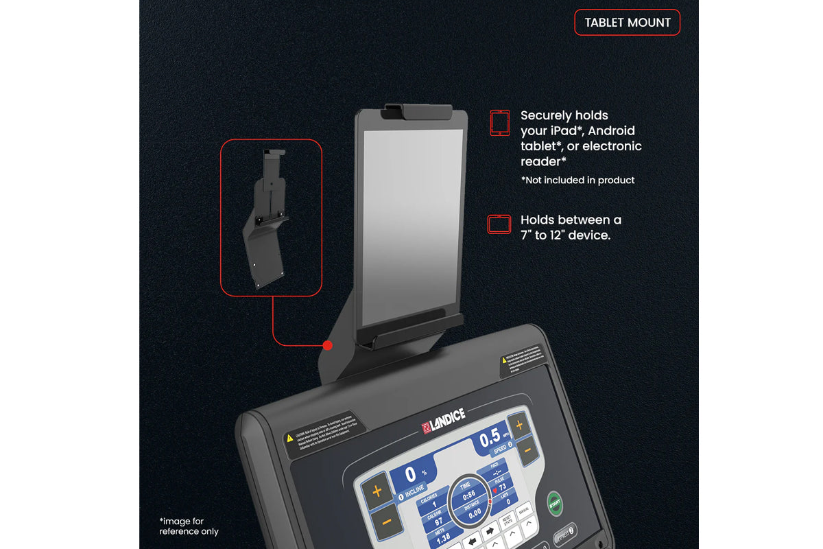 Black tablet mount with adjustable arm holding device upright on Landice treadmill with digital display, shown on dark backgr