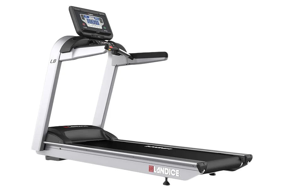 Landice L8 commercial treadmill with white frame, black running deck, and digital display console on white background