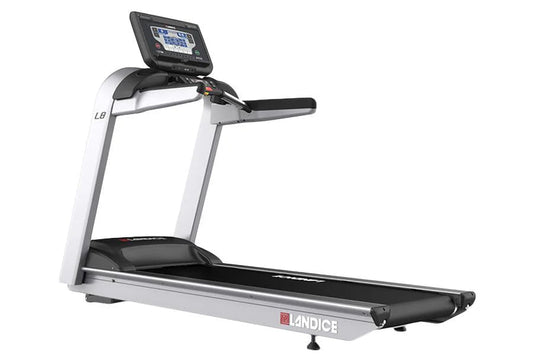 Landice L8 commercial treadmill with white frame, black running deck, and digital display console on white background