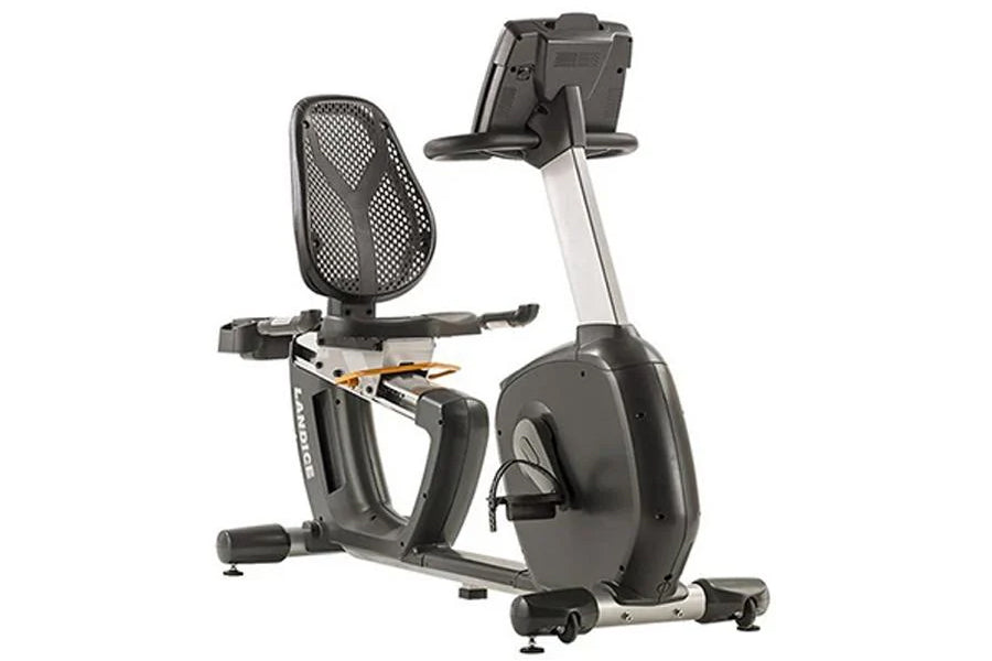 Black and gray Landice recumbent exercise bike with mesh backrest, tablet holder, and pedals, shown on white background