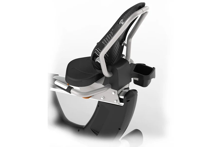 Landice R7 recumbent exercise bike with black mesh backrest, gray seat, and white frame on white background