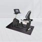 Landice R7 black and silver recumbent exercise bike with digital display console on white mat, shown in white room