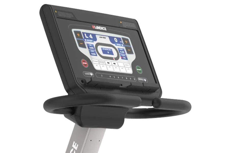 Landice R7 recumbent exercise bike with black frame, digital console display, and gray base on white background