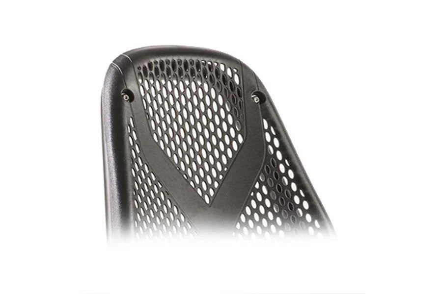 Black mesh backrest with perforated diamond pattern on recumbent exercise bike, close-up detail view on white background