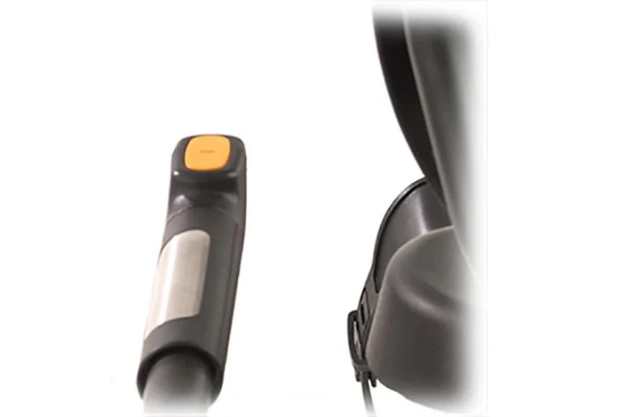 Black and gray recumbent exercise bike with yellow display button and white accent panel, shown from front and side angles
