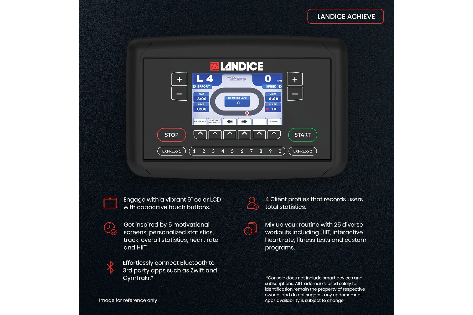 Landice Achieve exercise bike console with 9-inch color LCD display, control buttons, and workout metrics on dark background