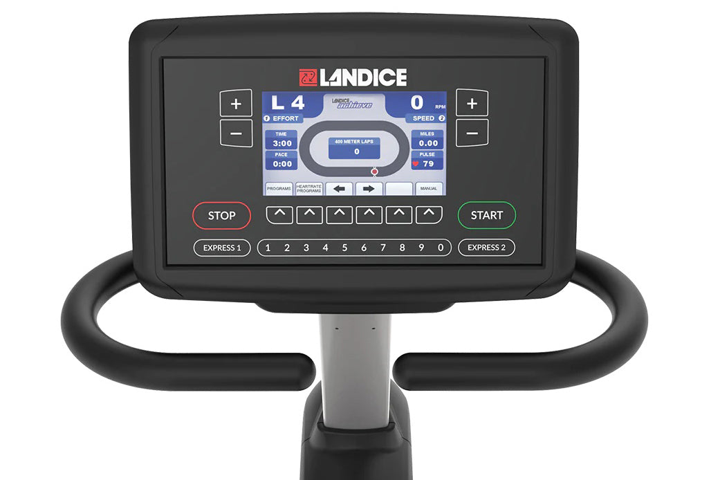Landice R7 recumbent exercise bike with black frame, digital console displaying workout metrics, and dual handlebar grips on 