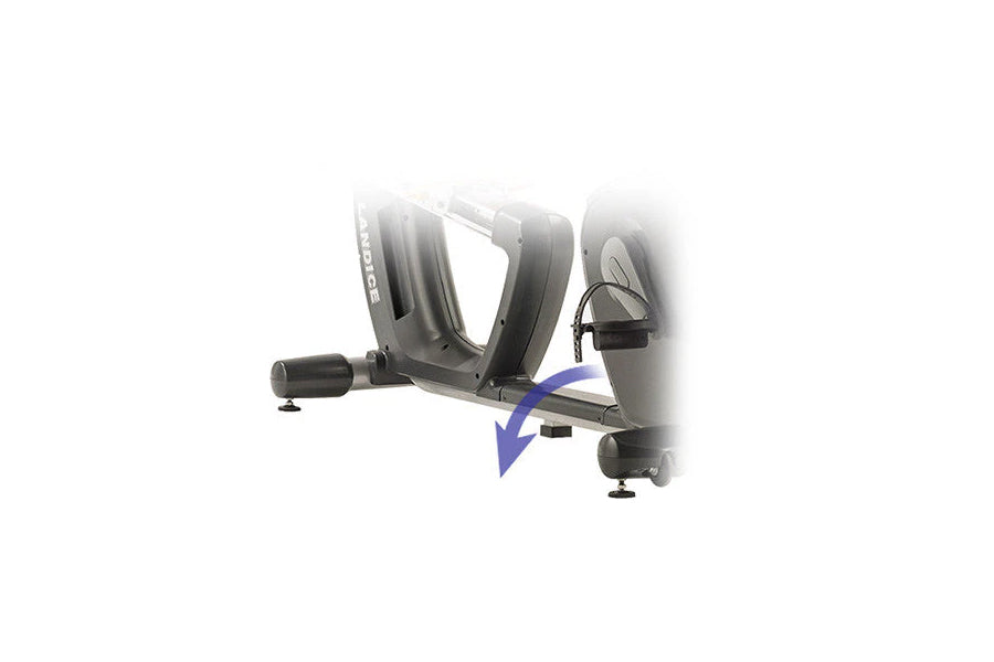 Landice R7 recumbent exercise bike with gray padded seat, black frame, and blue directional arrow showing pedal motion