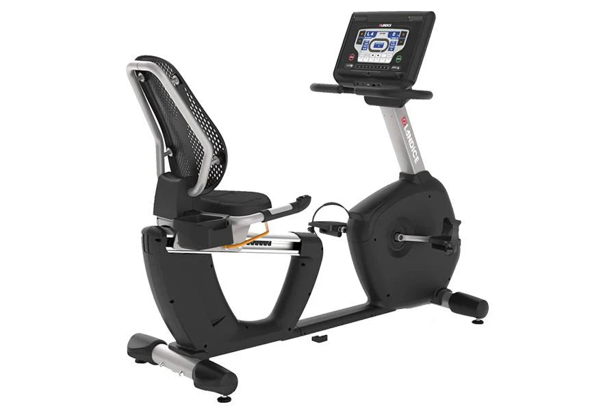 Landice R7 black recumbent exercise bike with digital display console, mesh back seat, and silver frame on white background