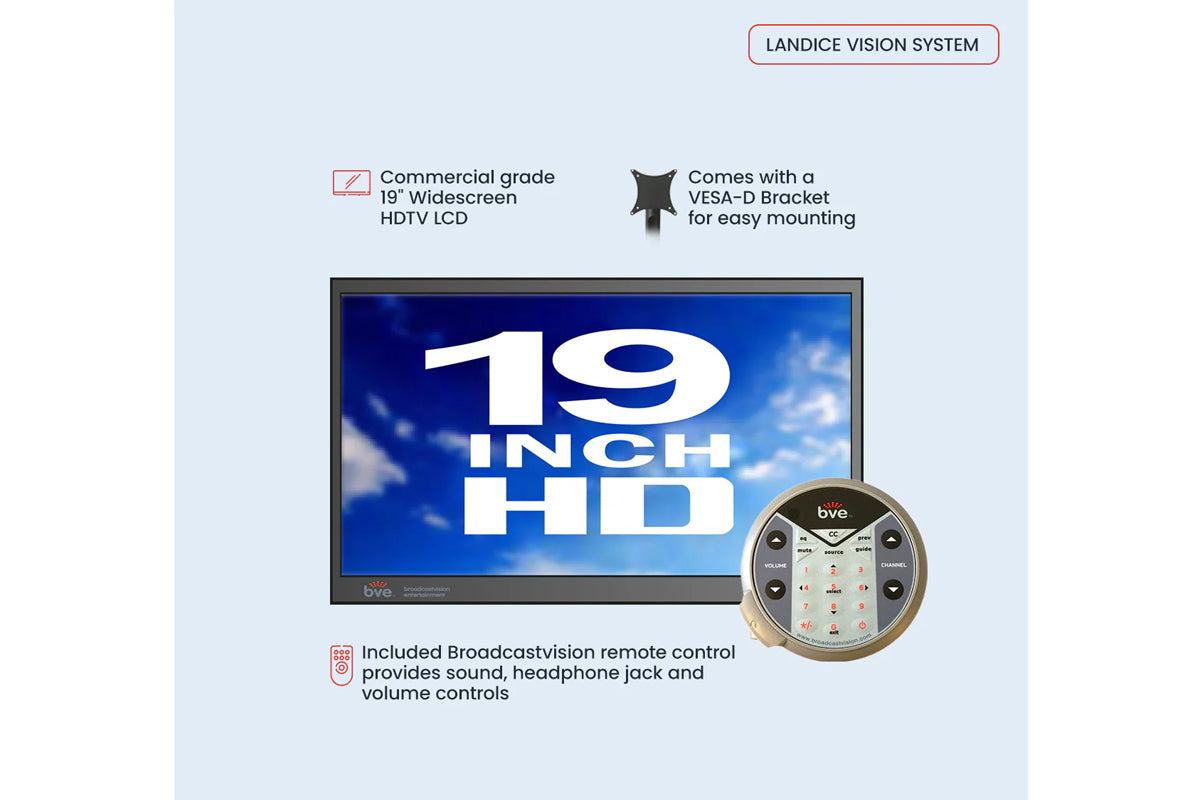 19-inch commercial grade HDTV LCD display with VESA-D bracket and Broadstvision remote control included