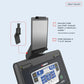 Black tablet mount with adjustable clamp attachment shown on Landice exercise bike console, holds 7" to 12" devices on light 