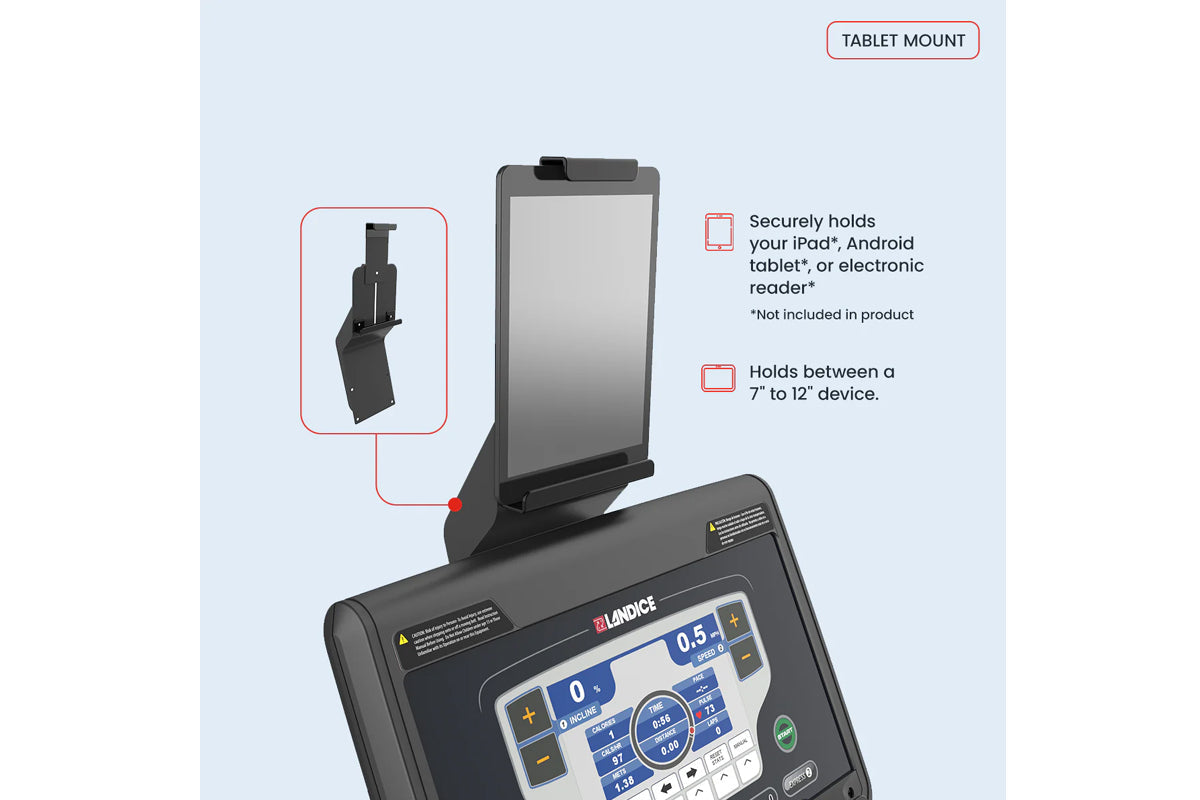 Black tablet mount with adjustable clamp attachment shown on Landice exercise bike console, holds 7" to 12" devices on light 