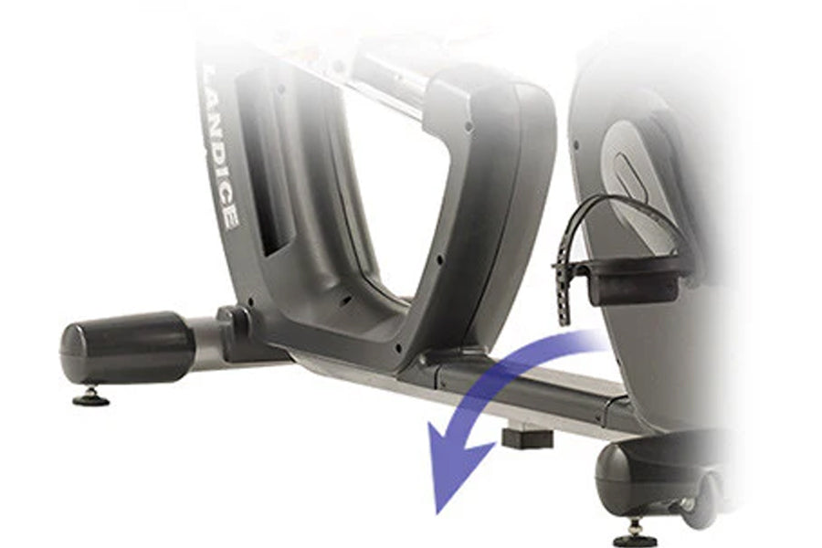 Black and gray Landice R9 commercial recumbent exercise bike with curved frame and resistance mechanism, shown at angle on wh