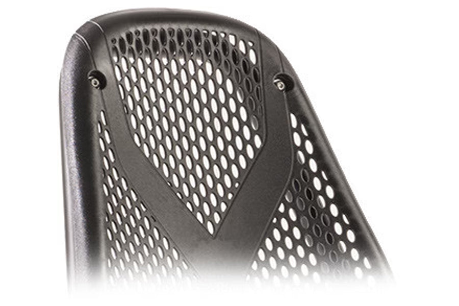 Black mesh backrest with perforated ventilation pattern and molded contours, front view on white background
