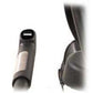 Black and gray commercial recumbent exercise bike handlebar grip with white accent panel, shown from front and side angles