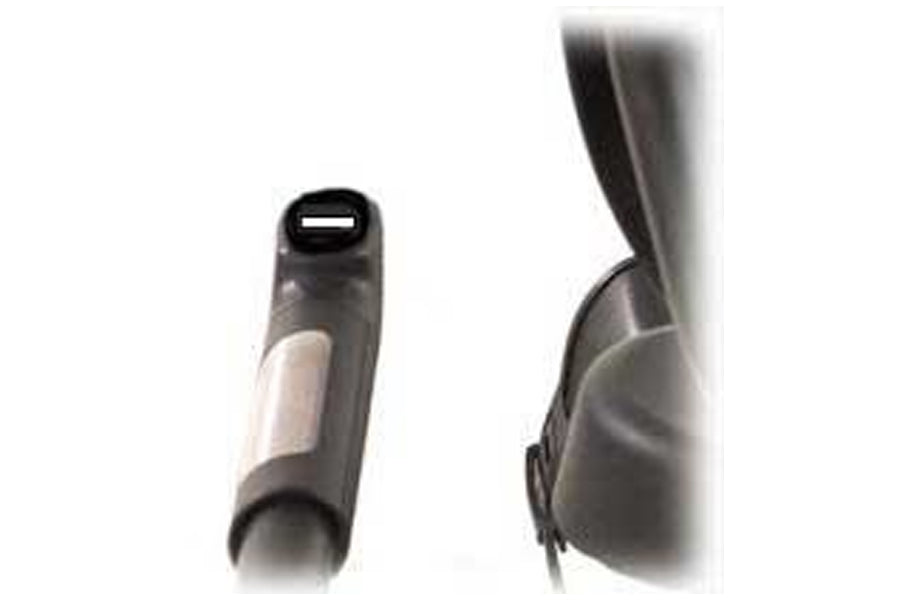 Black and gray commercial recumbent exercise bike handlebar grip with white accent panel, shown from front and side angles