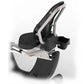 Black and white commercial recumbent exercise bike with mesh backrest, padded seat, and side storage compartments on white ba