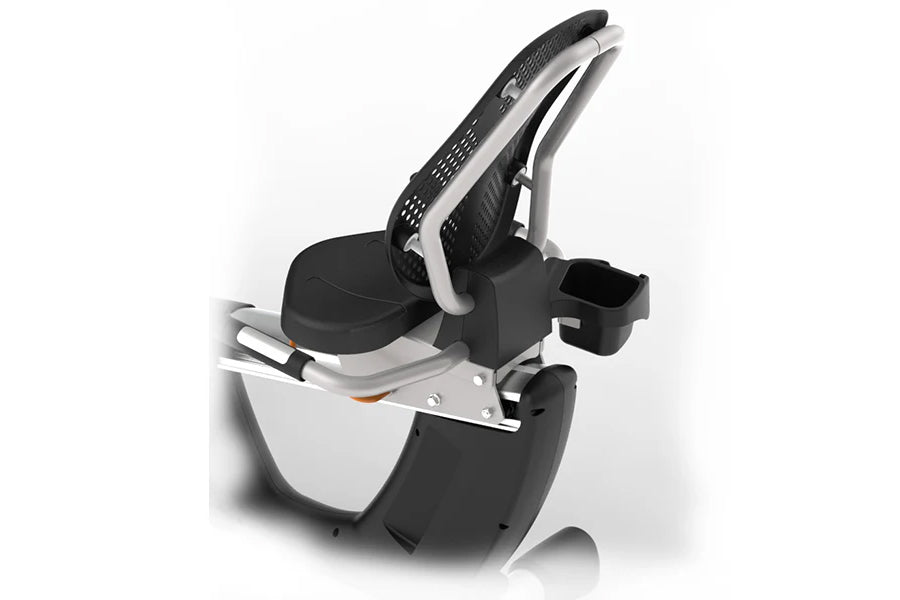 Black and white commercial recumbent exercise bike with mesh backrest, padded seat, and side storage compartments on white ba