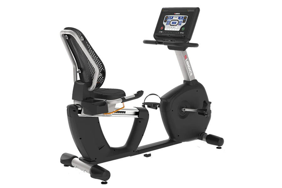 Black and silver Landice R9 commercial recumbent exercise bike with digital console display and mesh backrest, shown on white