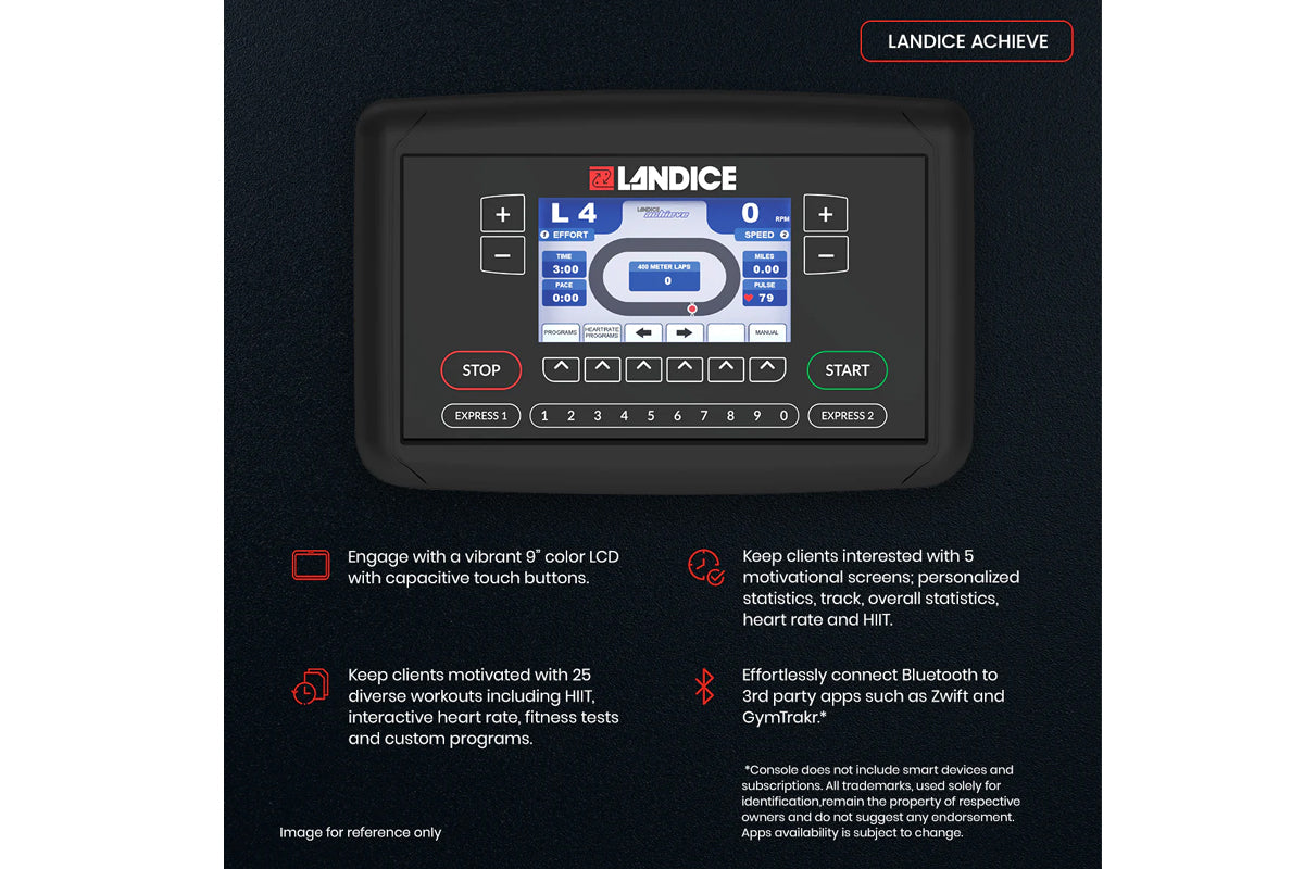 Landice Achieve console display showing 9-inch color LCD screen with workout metrics, control buttons, and navigation options