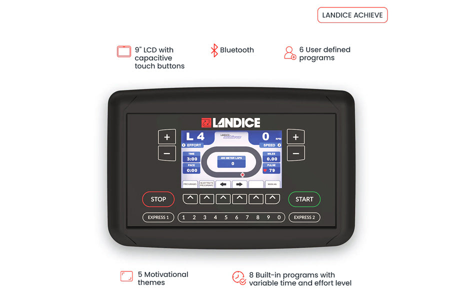 Landice Achieve R9 recumbent bike console with 9" LCD touchscreen, bluetooth connectivity, and control buttons on black displ