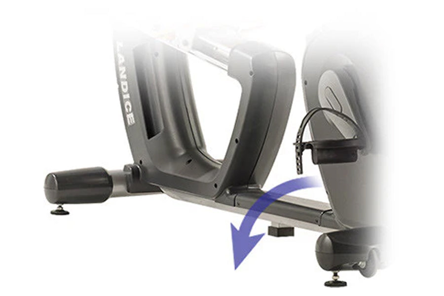 Landice R9 recumbent exercise bike with gray frame and black seat, shown from side angle on white background