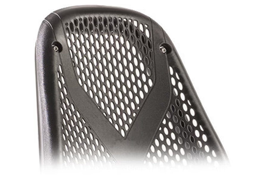 Black mesh backrest for recumbent exercise bike with ventilation holes and side handles