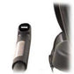 Black and gray cylindrical power cord connector on white background, flat lay view