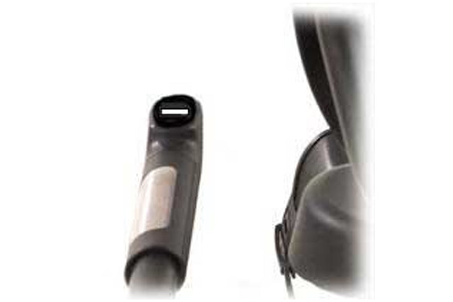 Black and gray cylindrical power cord connector on white background, flat lay view