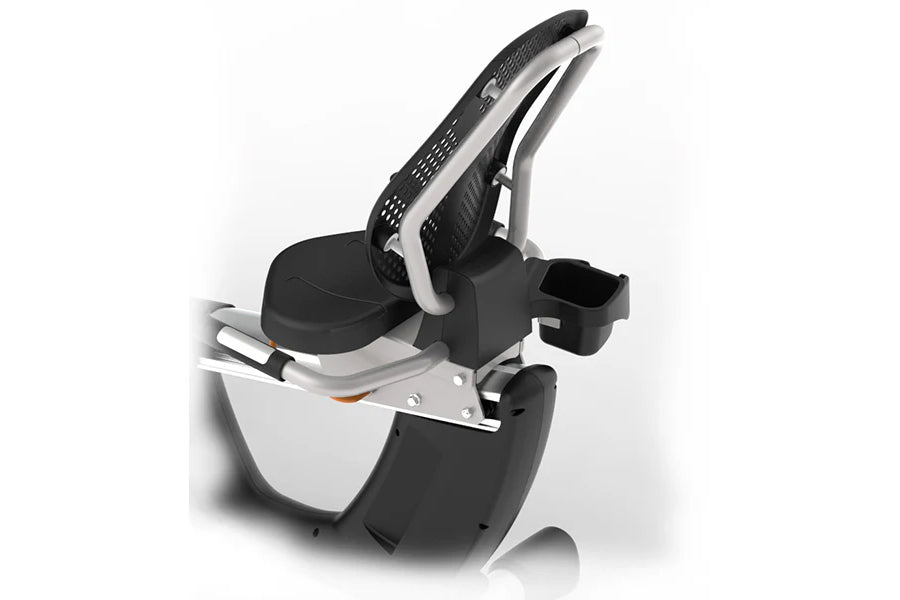 Landice R9 recumbent exercise bike with black mesh backrest, white and black frame, and storage compartments, shown at angle 