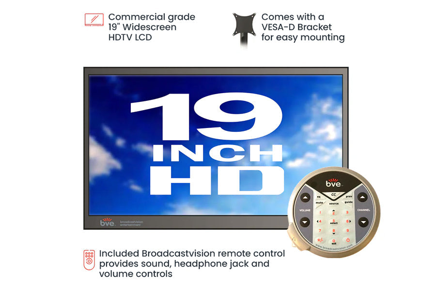 Commercial grade 19 inch widescreen HD LCD display with VESA-D bracket and included Broadcastvision remote control