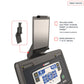 Black tablet mount accessory with adjustable arm clamp, holds 7" to 12" devices, displayed on exercise equipment base with in