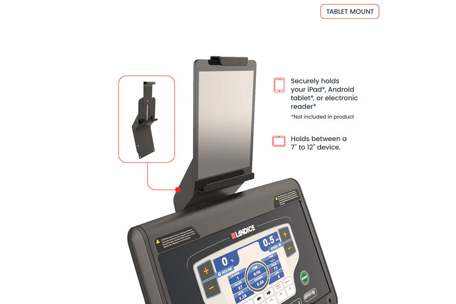 Black tablet mount accessory with adjustable arm clamp, holds 7" to 12" devices, displayed on exercise equipment base with in