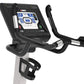 Landice U7 upright exercise bike with black frame, digital console displaying blue interface, and curved handlebars on white 