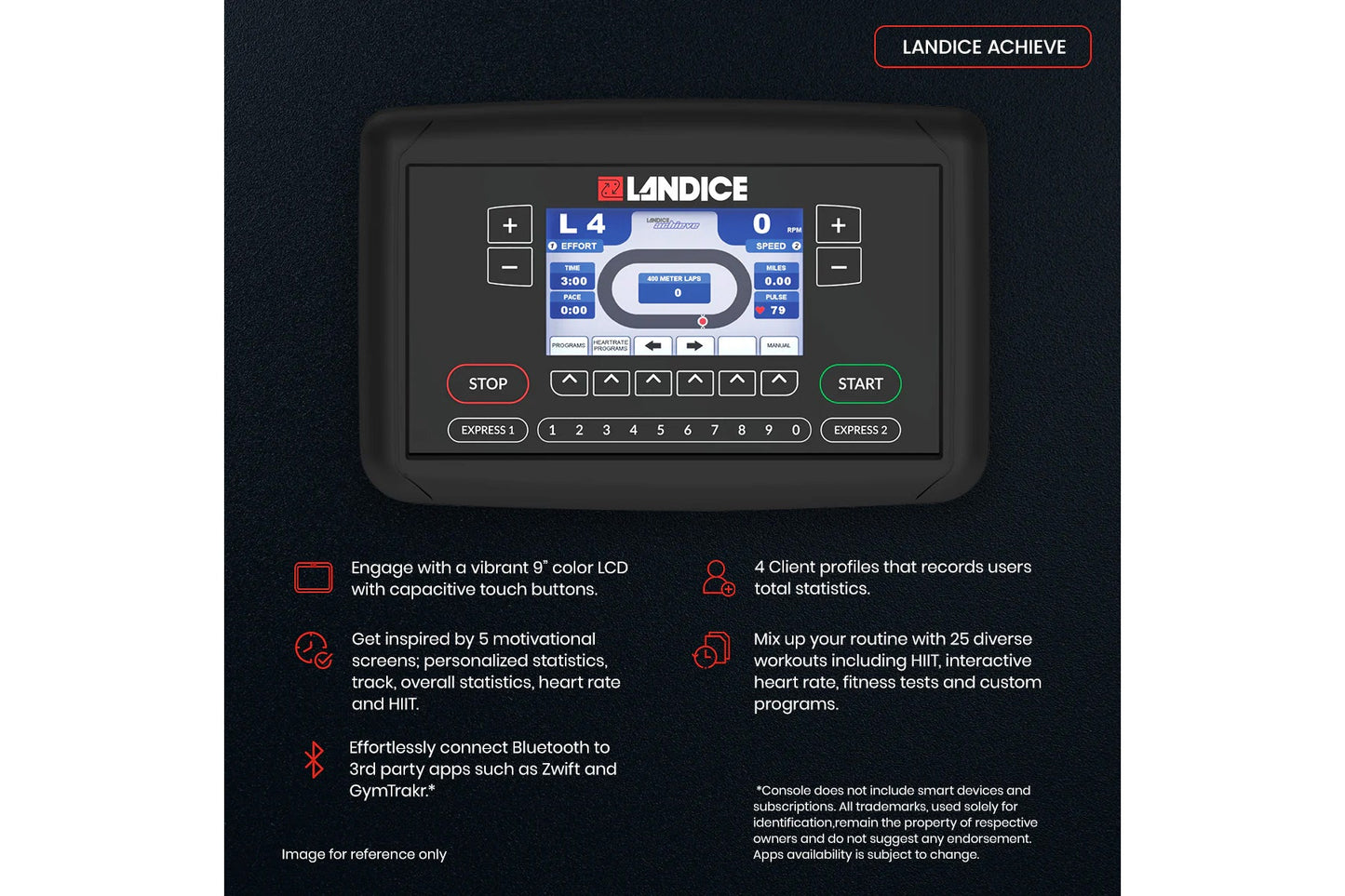 Landice Achieve exercise bike console with 9-inch color LCD touchscreen display showing workout metrics and control buttons o