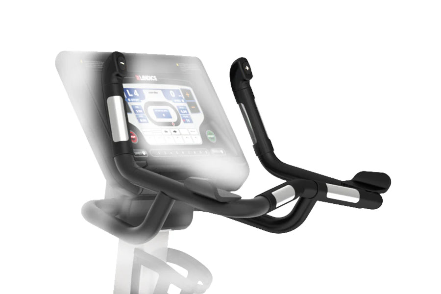 Landice U7 upright exercise bike with black frame and handlebars, digital console display mounted on white background