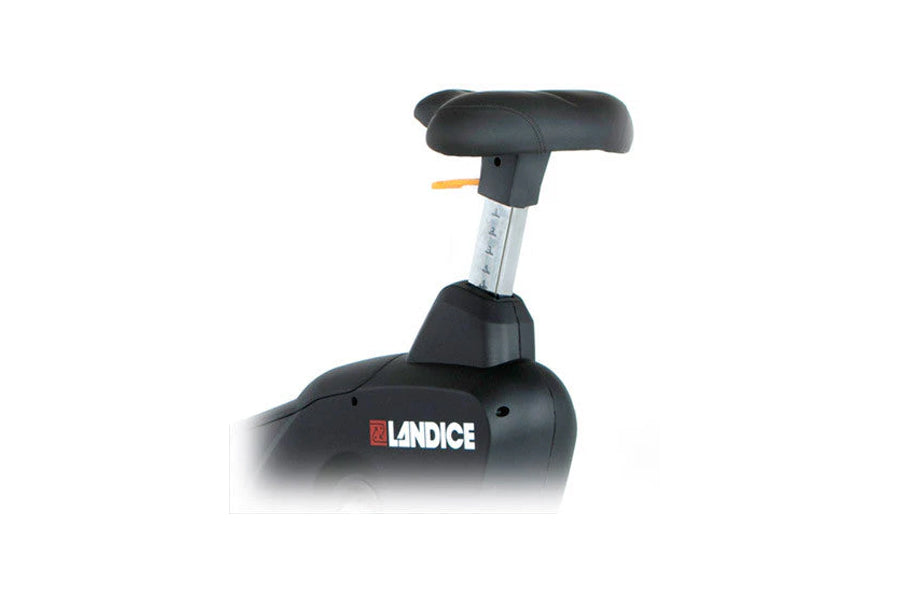 Landice U7 upright exercise bike with black padded seat and handlebars, silver adjustment post, on white background