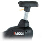 Landice U9 black upright exercise bike with padded seat, silver resistance adjustment column, and orange accent lever on whit