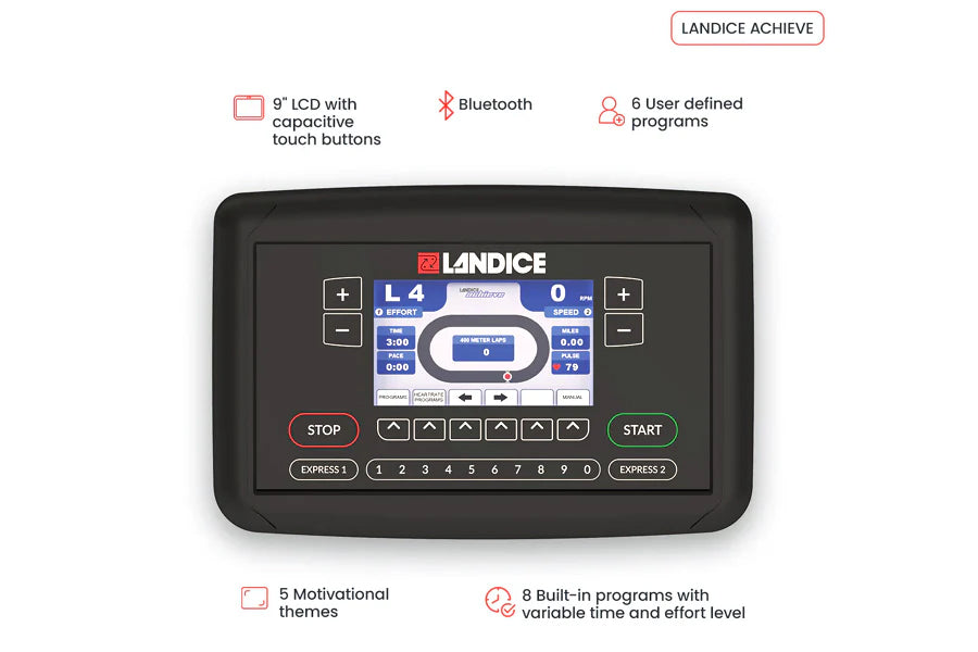 Landice U9 upright exercise bike console with 9-inch LCD touchscreen, displaying workout metrics, Bluetooth connectivity, and