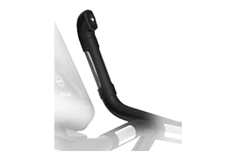 Black curved handlebar stem attachment for upright exercise bike, shown mounted on white frame