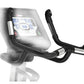 Black and silver exercise bike console mount with curved arm holder displaying digital screen interface