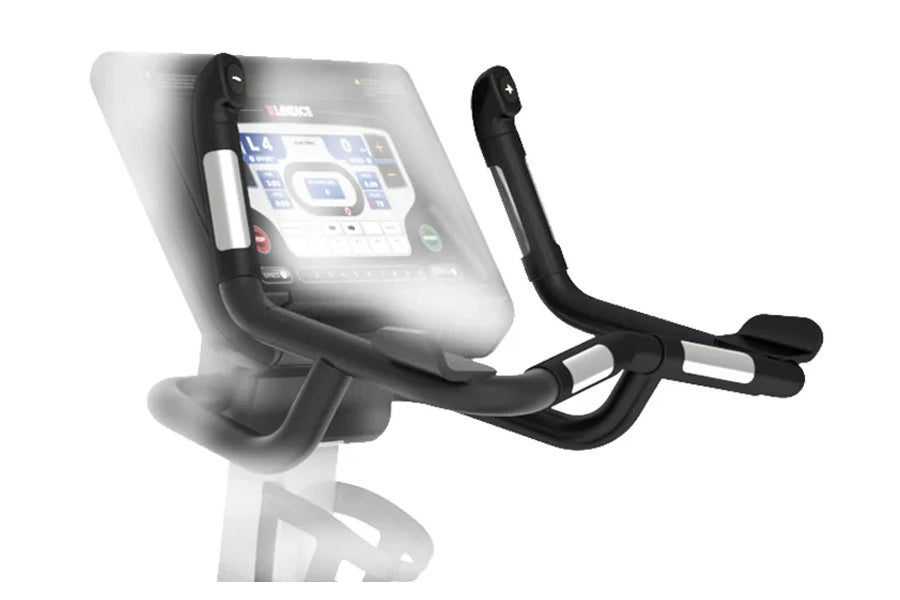 Black and silver exercise bike console mount with curved arm holder displaying digital screen interface