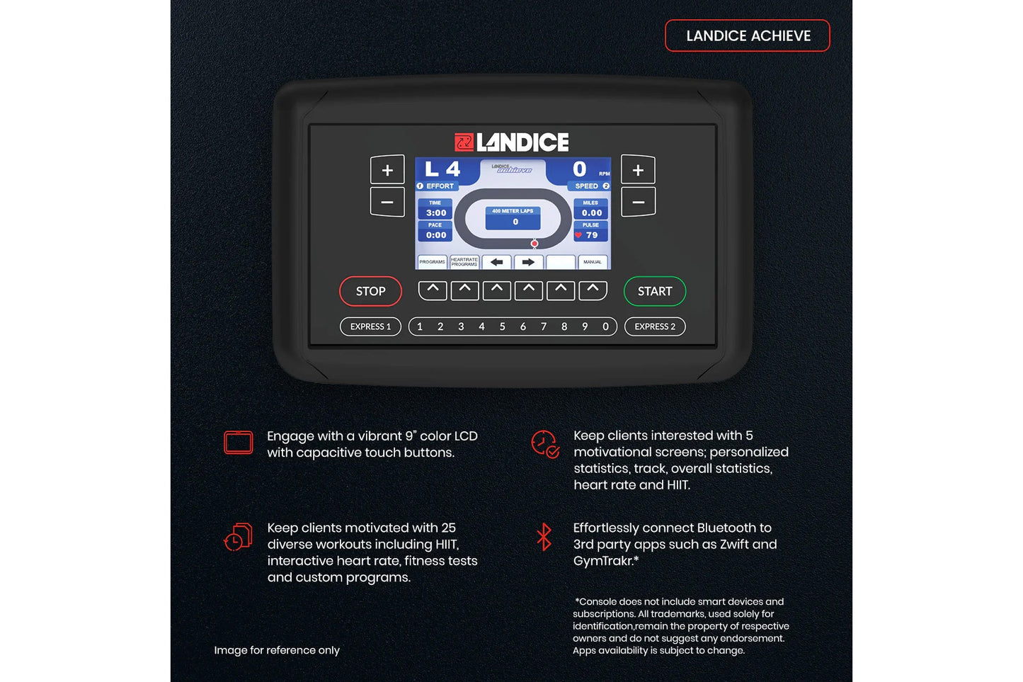 Landice Achieve exercise bike console with 9-inch color LCD screen, control buttons, and workout display showing effort level
