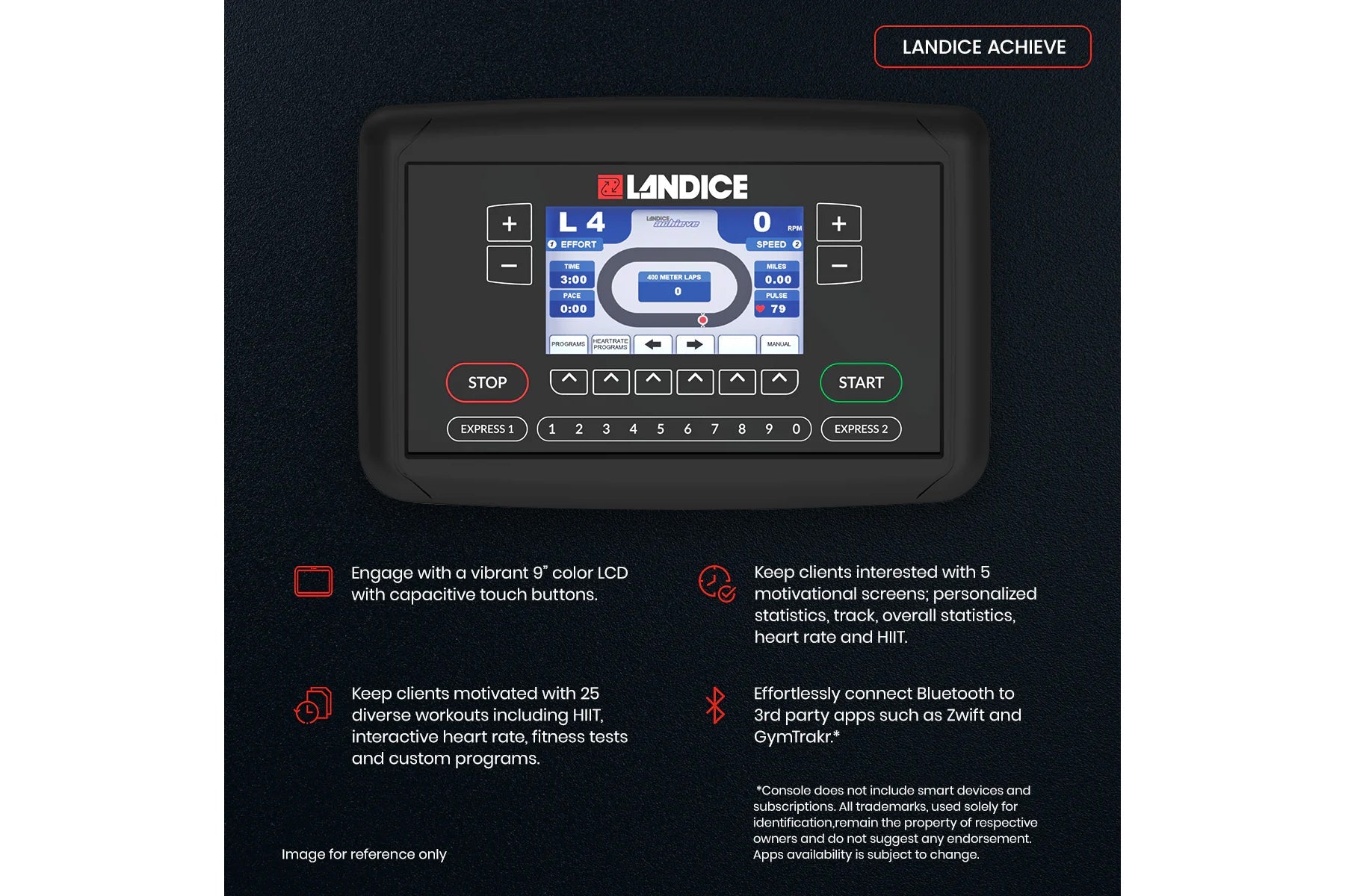 Landice Achieve exercise bike console with 9-inch color LCD screen, control buttons, and workout display showing effort level