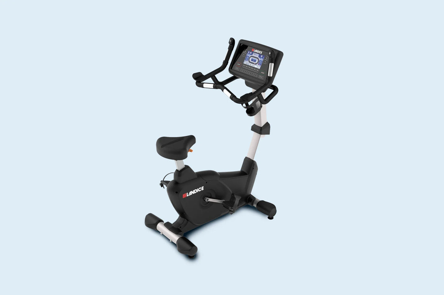 Landice U9 upright exercise bike with black seat and frame, silver post, digital console display, and stabilizing base on whi