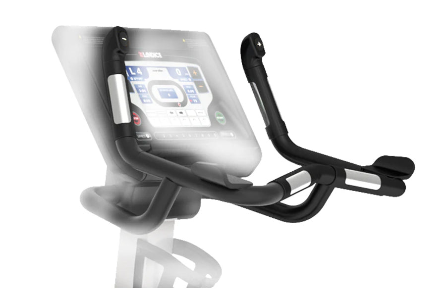 Black and white universal tablet holder mount for exercise bike with adjustable arms and grip pads