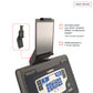Black tablet mount attachment with adjustable holder arm on digital exercise bike console display